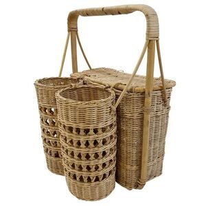 Vintage mid century modern picnic basket beverage holder.